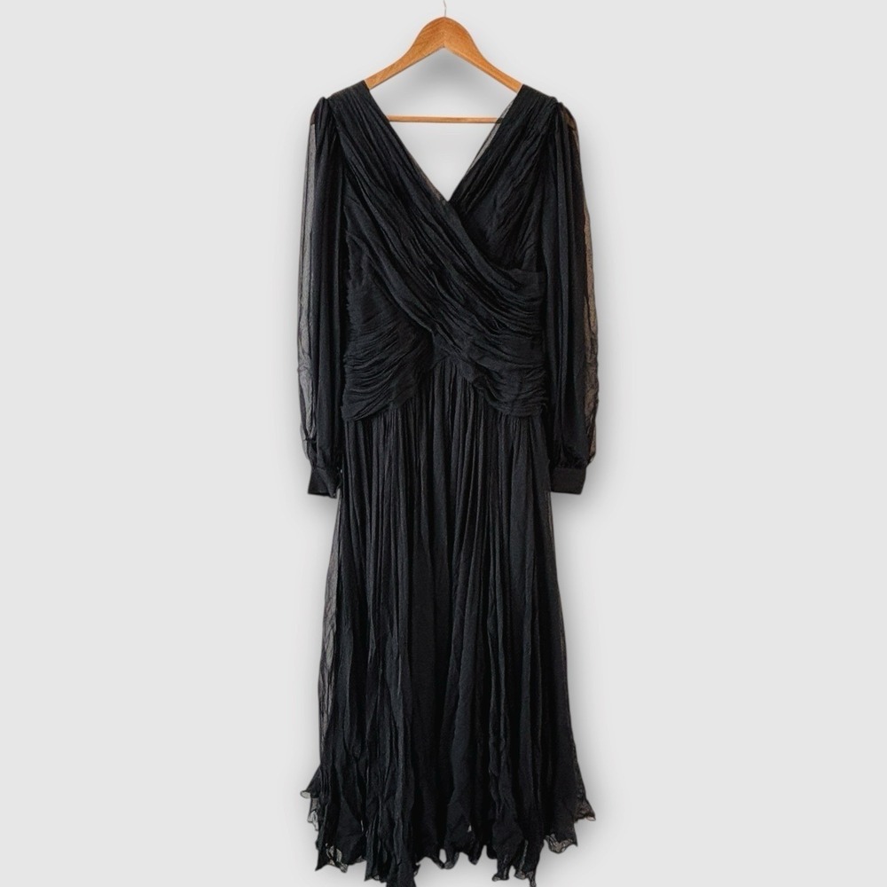 Vintage Richilene for Neiman Marcus Dress M Black Pleated Whimsigoth Chiffon
